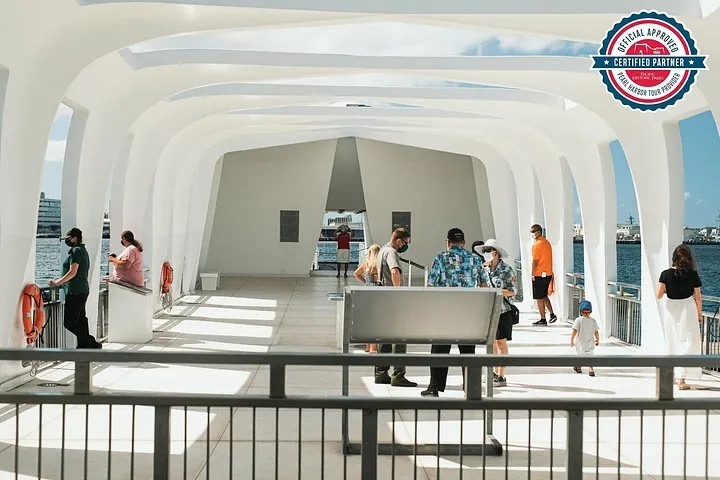 White USS Arizona Memorial over the water on a Pearl Harbor tour from Honolulu, illustrative scene