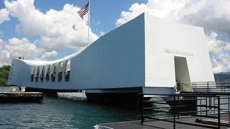 Visitors on the boat to the USS Arizona Memorial on a Pearl Harbor tour from Honolulu, illustrative scene