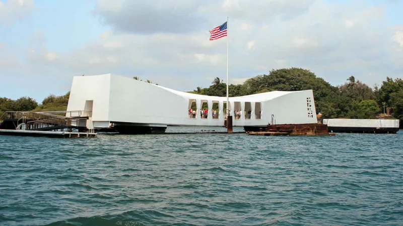 Pearl Harbor tour bus stop near the USS Arizona Memorial in Honolulu, illustrative scene
