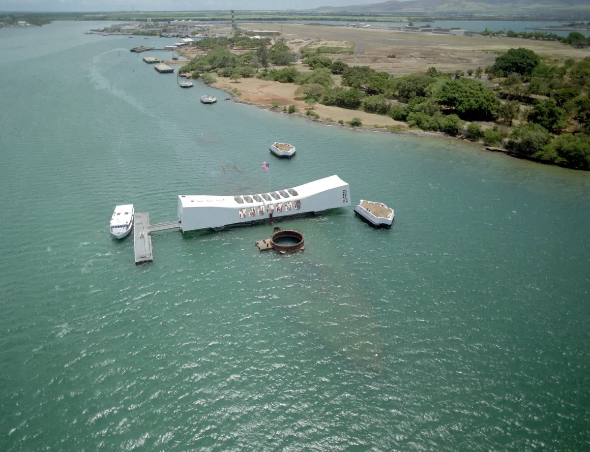 Aerial view of the USS Arizona Memorial, goal of the small-group Pearl Harbor tour