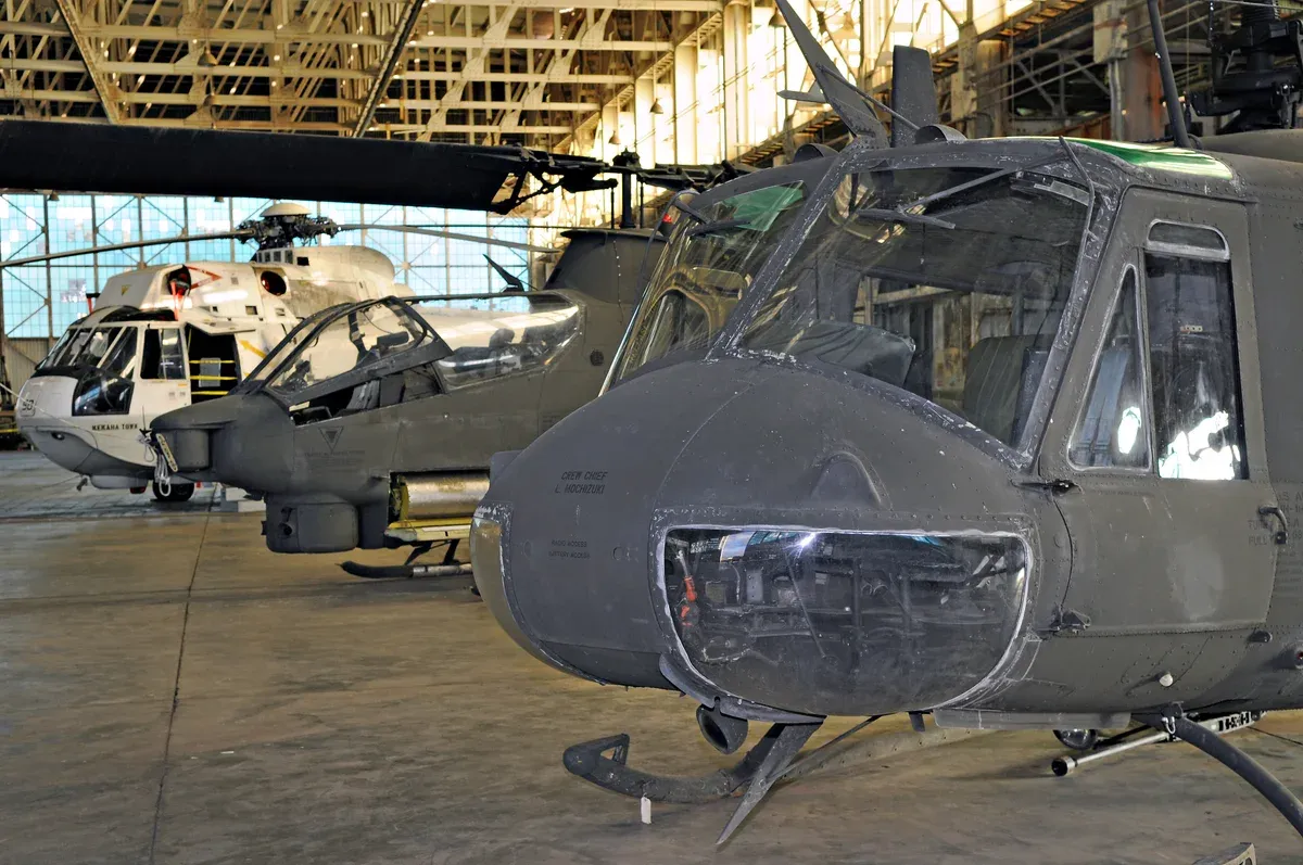 Helicopters on display in the Pearl Harbor Aviation Museum, seen on a Pearl Harbor tour