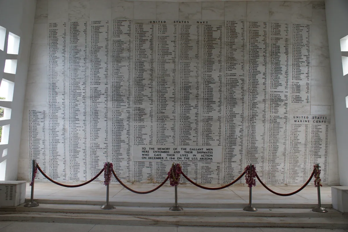 Memorial wall of names inside the USS Arizona Memorial on a Pearl Harbor tour
