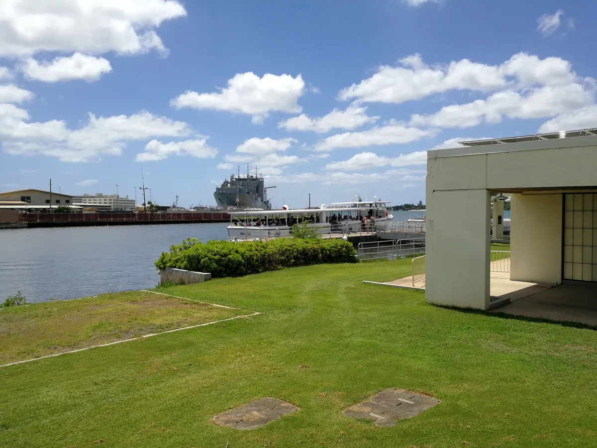 The waterfront at the Pearl Harbor visitor center, where the Navy shuttle boats load for the memorial, seen on Pearl Harbor tours from Honolulu